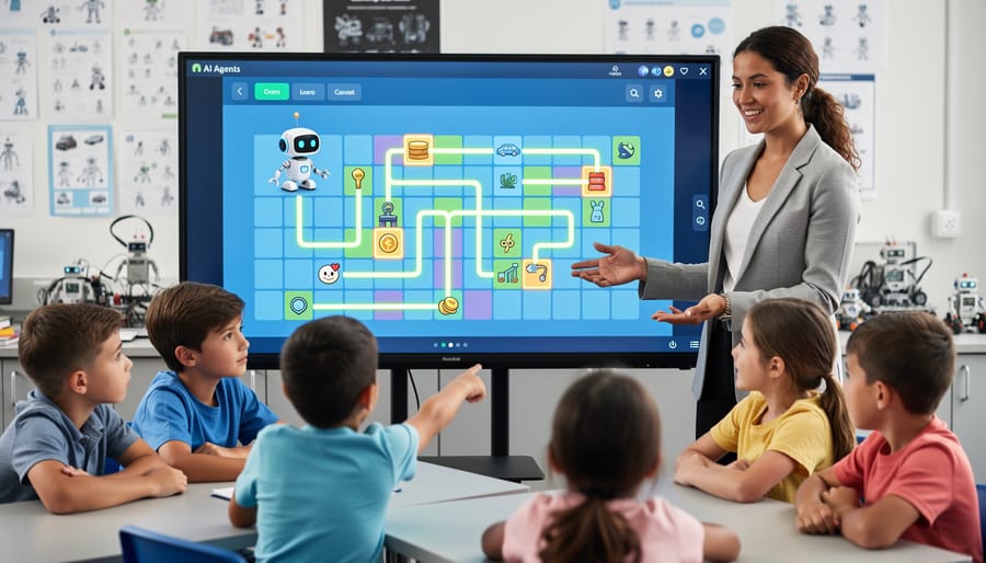 Overhead view of child playing grid-based pathfinding game with colorful pieces