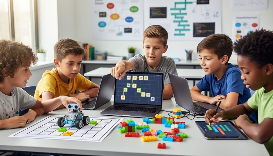 Elementary school children working together with coding toys and robot maze at classroom table