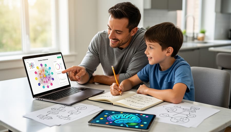 Parent and child working together on laptop computer with excited expressions