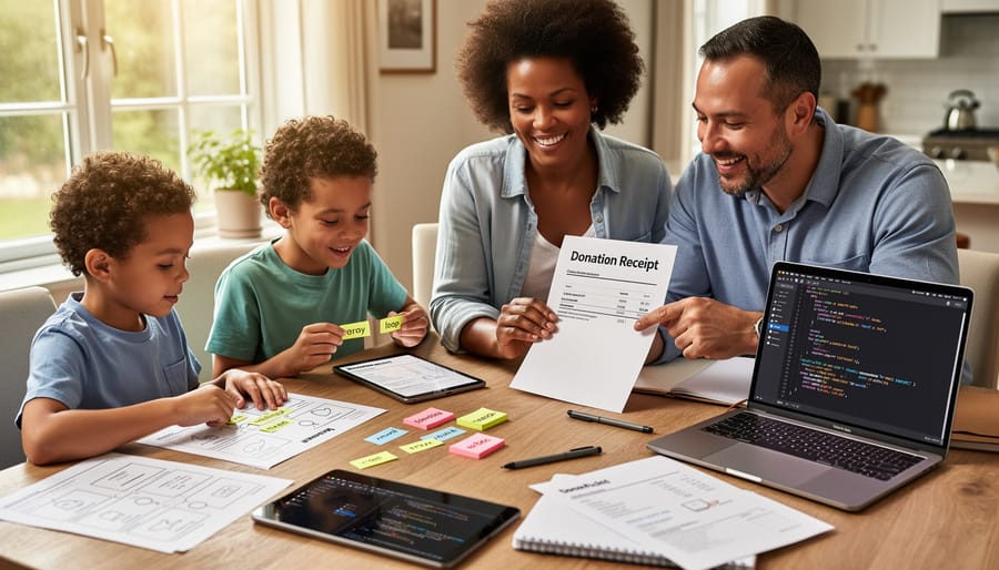 Family members reviewing a donation receipt envelope at a table while coding materials are prepared nearby