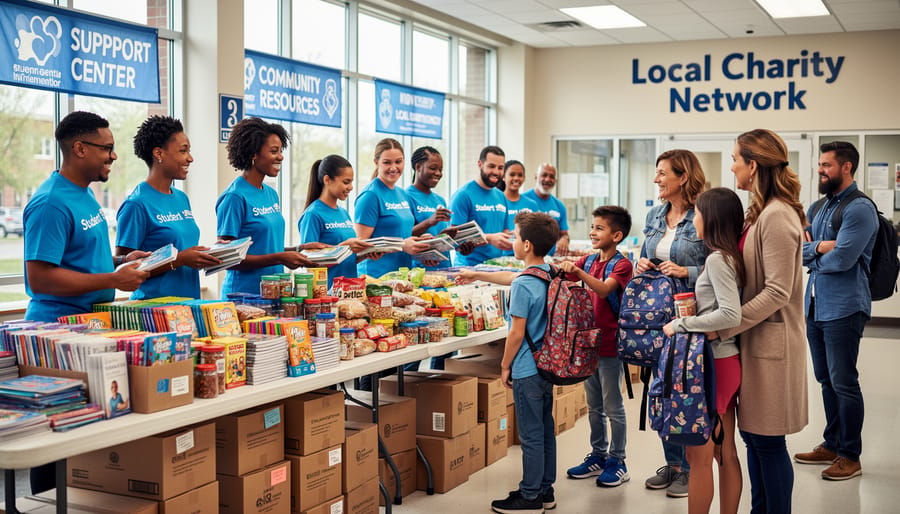 Volunteers distributing meal boxes and school supplies at a community center entrance