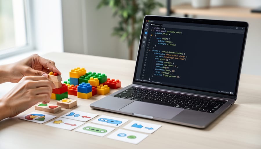 Child’s hand placing building blocks beside a laptop and small robot on a wooden table.