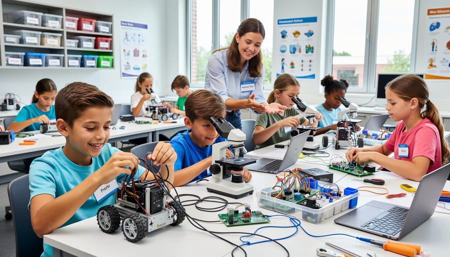 Children in a tech lab wearing safety goggles work together with a robot during an educational field trip.