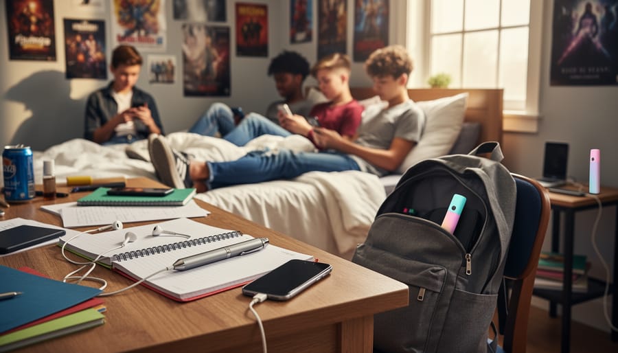 Close scene of hands holding a vape device in a dim bedroom with a phone providing light