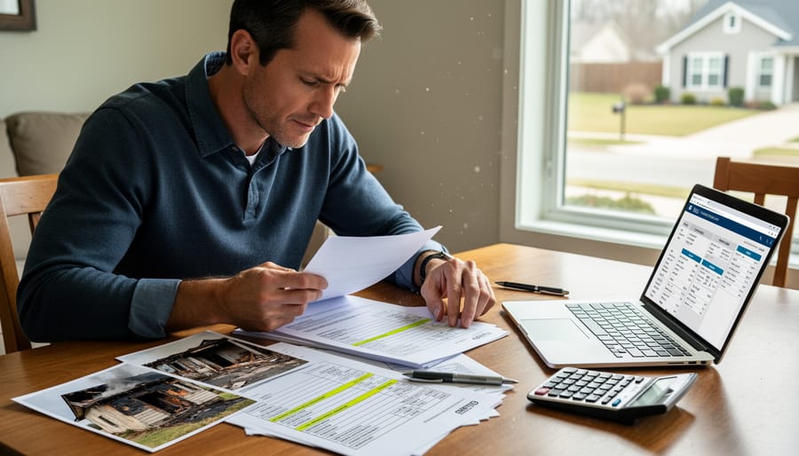 Family reviewing fire restoration documents at a kitchen table with a contractor clipboard in the background