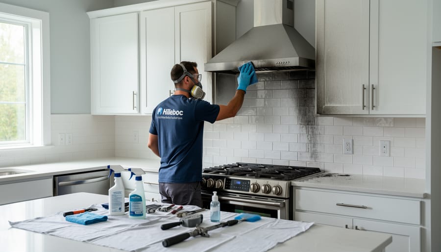 Fire restoration technician in protective gear inspecting smoke-stained kitchen surfaces