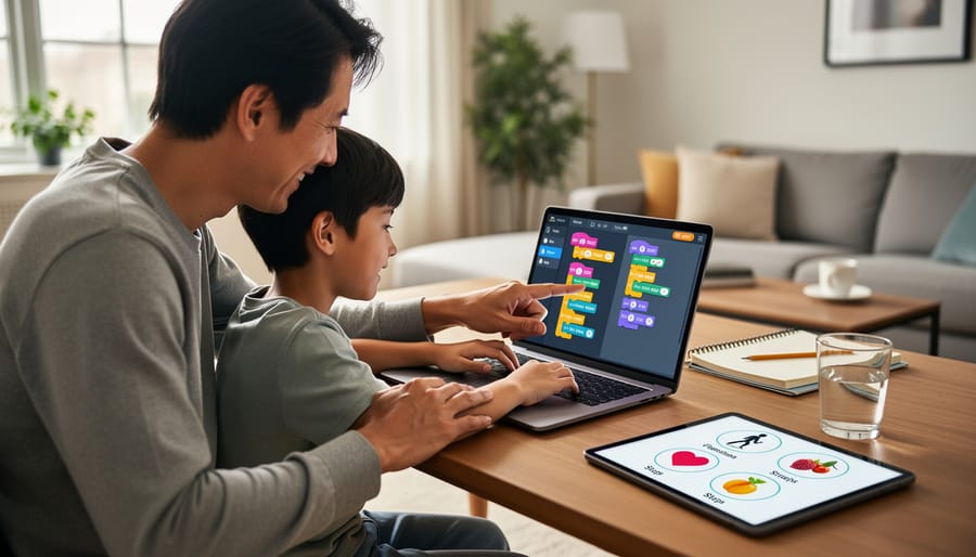 Parent and child working together on a laptop coding project at a kitchen table