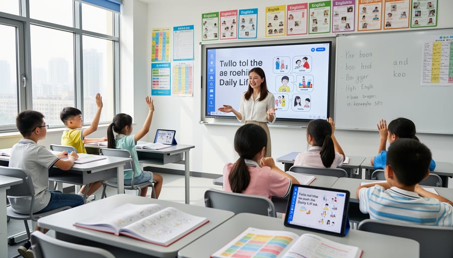 Smiling foreign English teacher in a classroom gesturing toward an interactive whiteboard while students watch