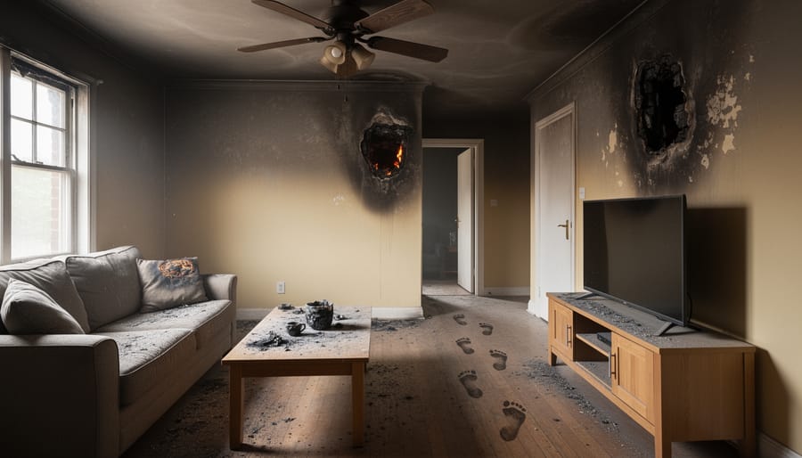 Smoke-damaged living room interior with soot-darkened wall areas and dust residue