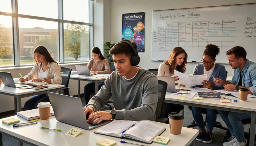 Student studying in a library with an open notebook and textbook on a desk, background shelves blurred.