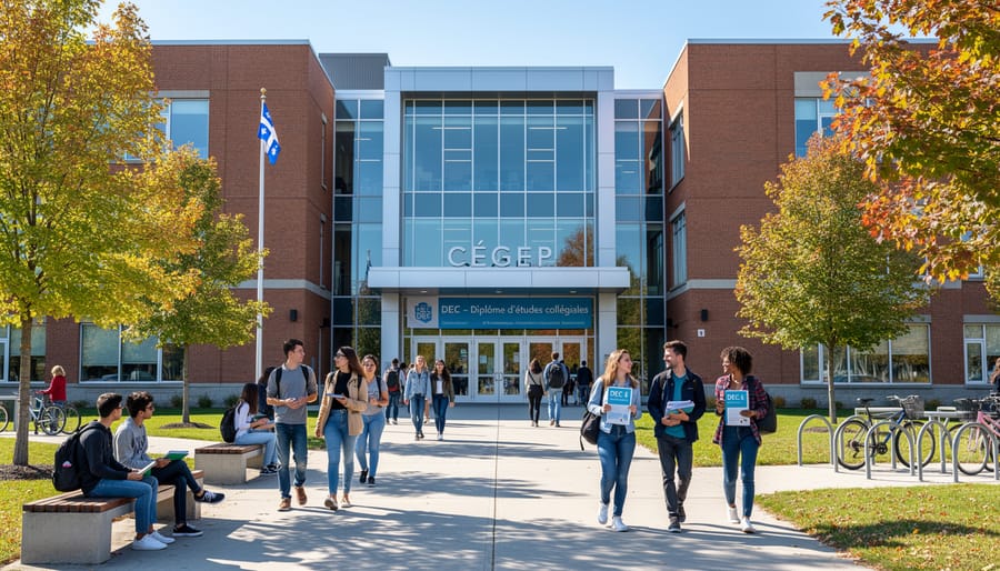 Students walking along a Quebec CEGEP campus walkway toward modern academic buildings.