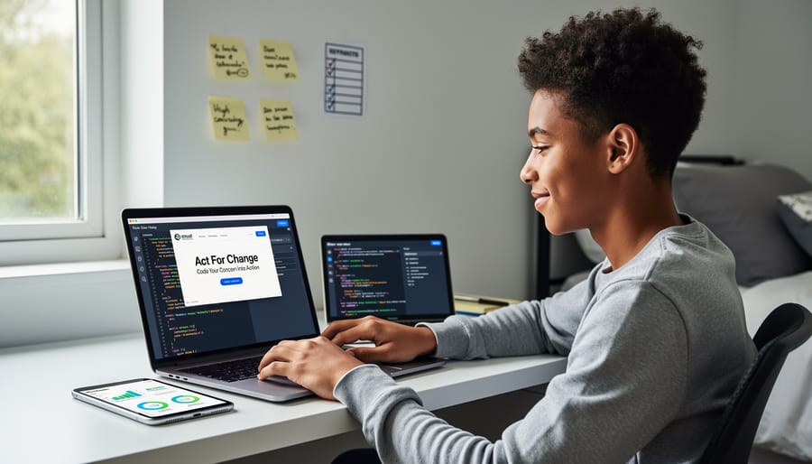 Teen working at a desk with laptop and smartphone while planning an awareness project