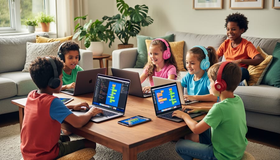 Two children using a laptop and tablet to practice coding at a home desk.