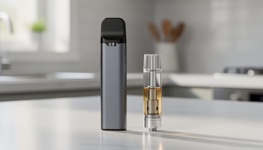 Vape disposable and vape cartridge resting on a clean countertop with no visible branding