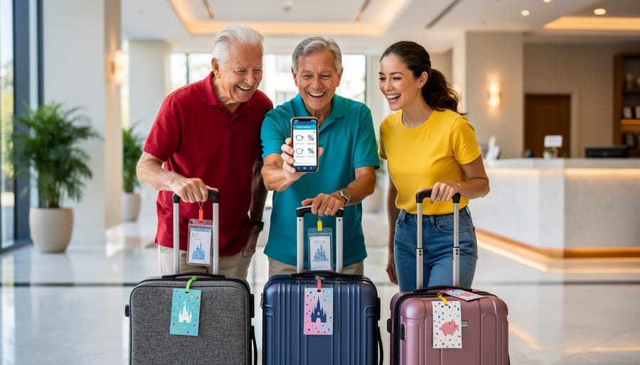 A Canadian family standing near a theme park entrance with suitcases and backpacks, ready for a trip.