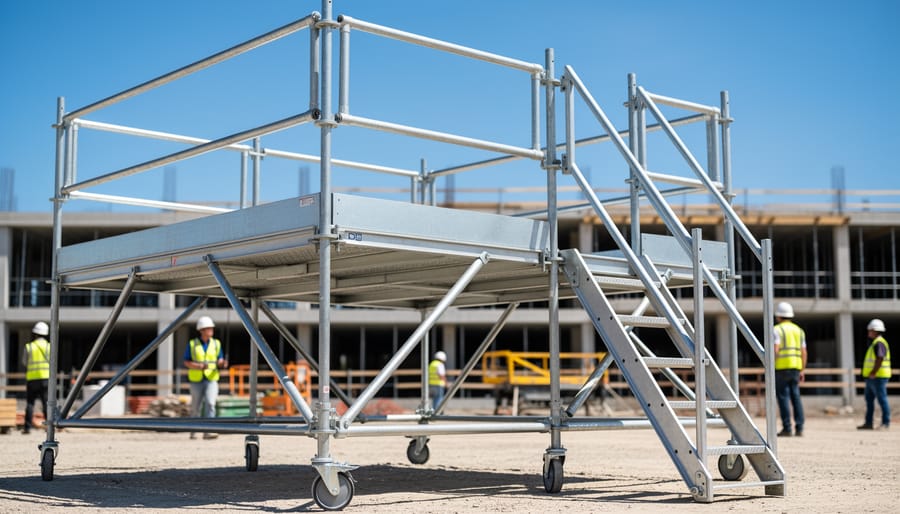 Close-up of scaffold platform and guardrails with a worker’s gloved hand holding the railing