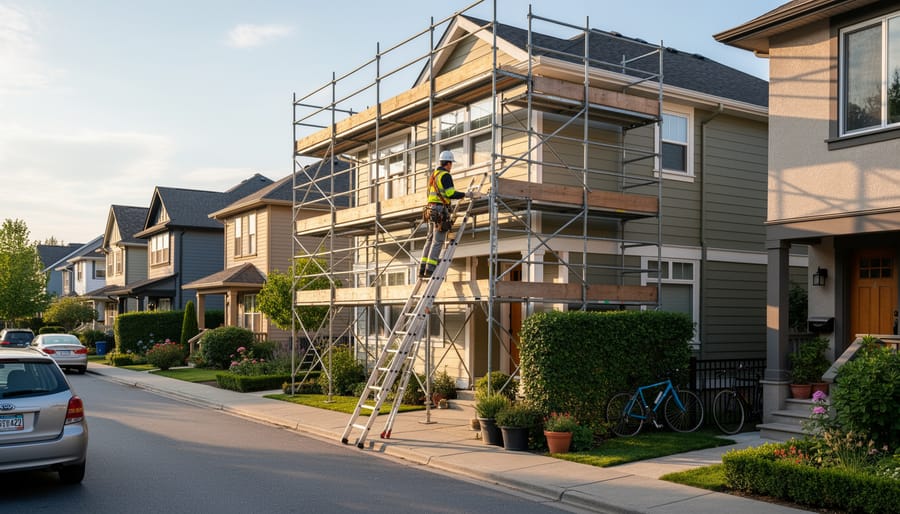 End frame scaffolding installed beside a house during exterior maintenance work