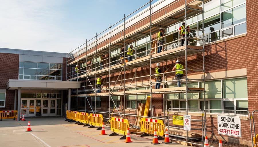 Metal scaffolding with workers in helmets and safety vests at a school building facade