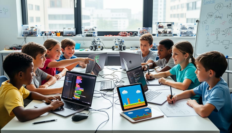 Children collaborating at laptops in a coding club setting