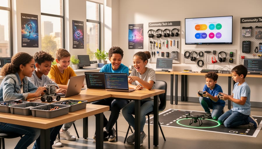 Diverse children moving through a community learning space with maker and tech items