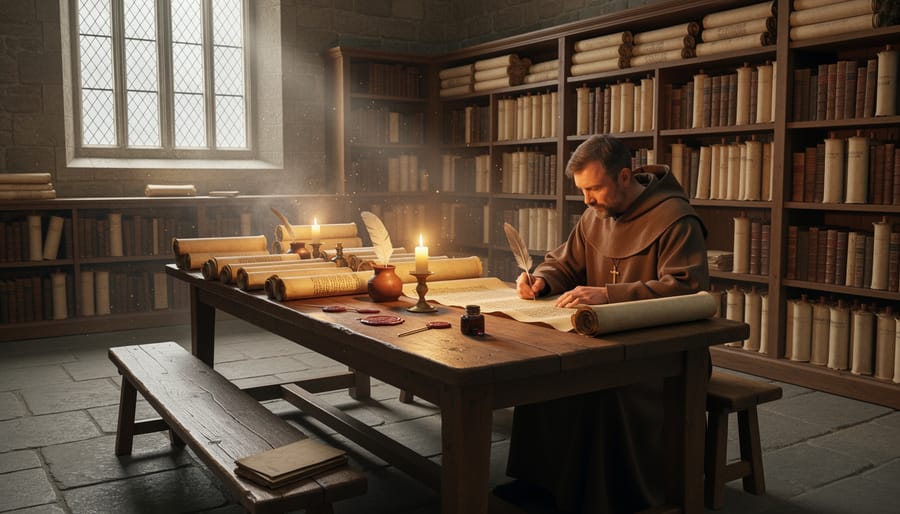 Open parchment and quill pen on a wooden lectern inside a medieval scriptorium with shelves of manuscripts in the background