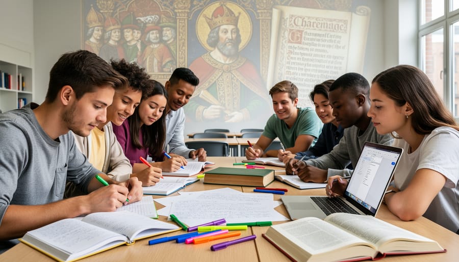 Students seated at wooden desks writing on parchment with reed pens in a medieval-style classroom
