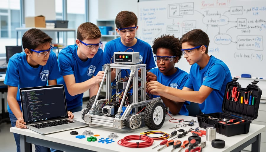 Students assembling and testing a wheeled robot in a robotics workshop