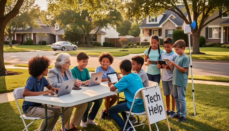 Children volunteering at a community center using a tablet to support a local project