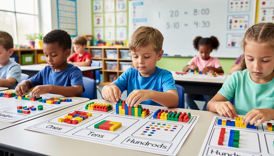 Students’ hands using place value tools on a classroom rug with counting beads and ten-frame materials