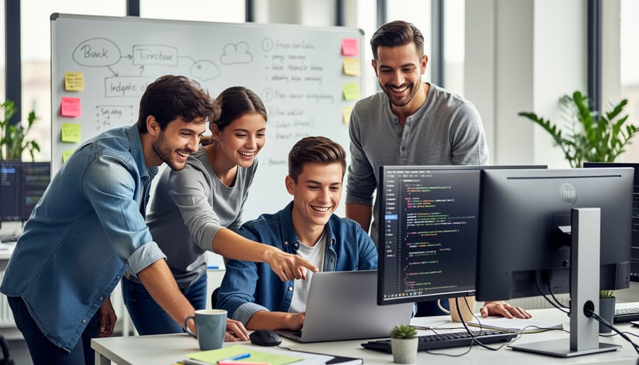 Child participating in a community coding club with peers and a mentor at a table.
