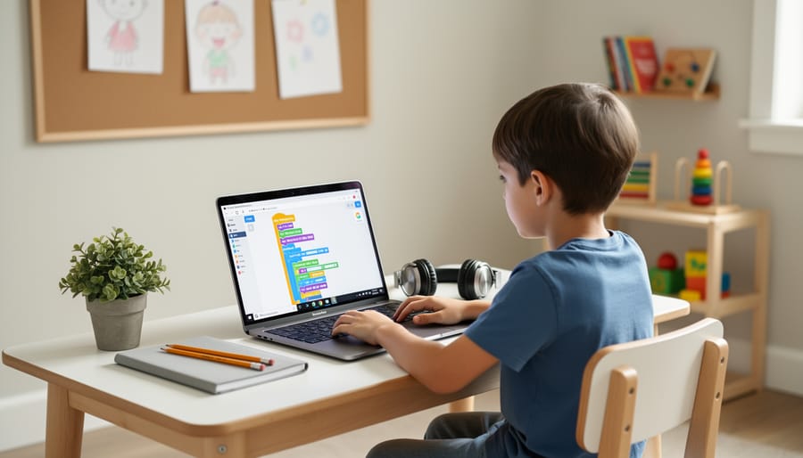Open laptop on a desk beside a notebook and desk lamp, representing a dedicated coding learning space.