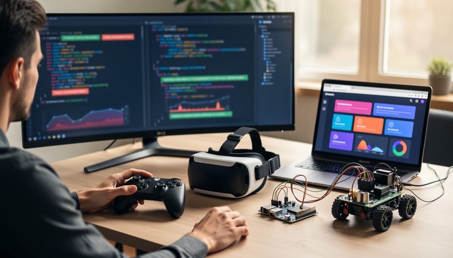 Electronic components and a game controller on a desk representing Rust in interactive technology