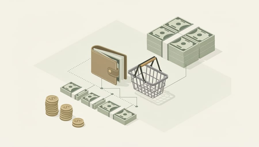 Child holding coins and bundled bills near a grocery checkout counter representing real-world place value