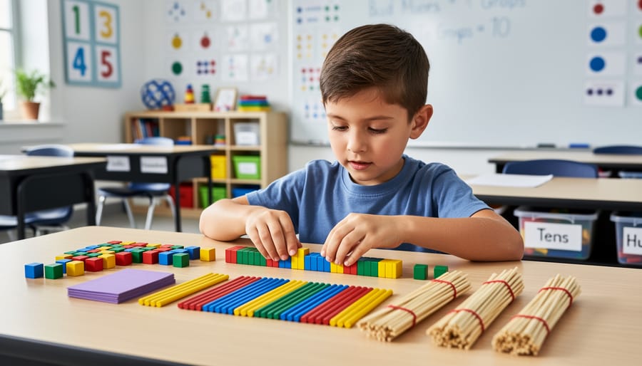 Child’s hands arranging base-ten blocks and ten counting sticks on a table during place value practice