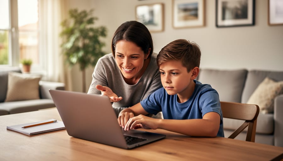 Parent and child sitting together at a laptop, sharing an encouraging moment while exploring coding.
