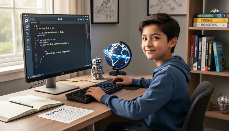 Student working on a laptop at a desk while learning programming